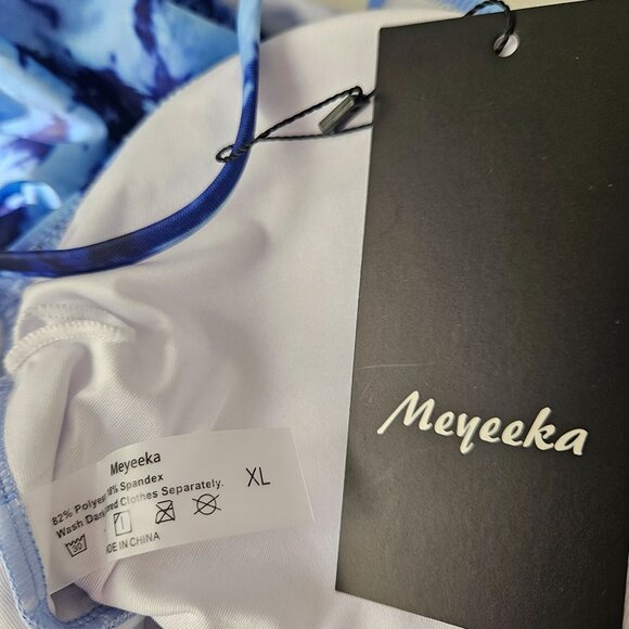 Meyeeka Womens XL Blue Tie-Dye Cut Out High Cut Lace Up Monokini 1 Pc Swimsuit - Picture 9 of 9